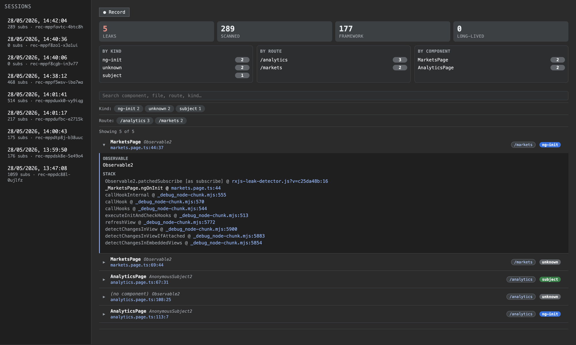 Dashboard with leak rows